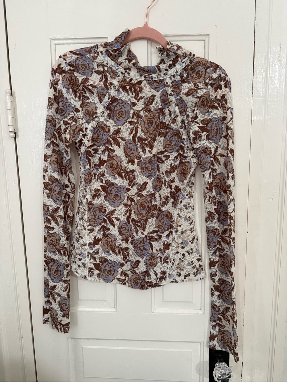 Free People Floral Lace Long-Sleeve Top in Blue & Brown